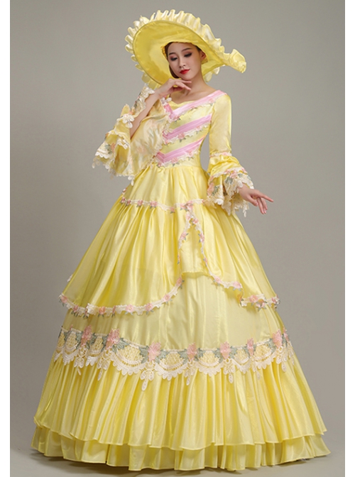 Spring Lively Girlish Feel Bright Yellow Pink Petal Lace Long Sleeve Outing Picnic Court Style Lolita Prom Dress