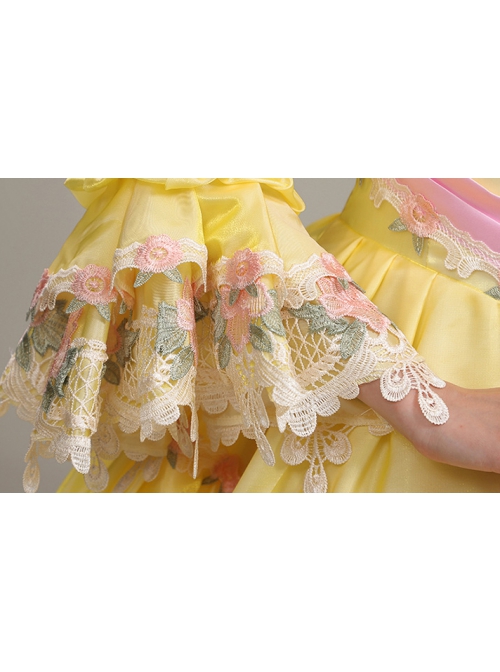 Spring Lively Girlish Feel Bright Yellow Pink Petal Lace Long Sleeve Outing Picnic Court Style Lolita Prom Dress