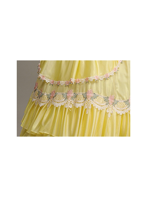 Spring Lively Girlish Feel Bright Yellow Pink Petal Lace Long Sleeve Outing Picnic Court Style Lolita Prom Dress