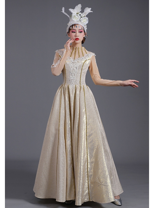 Light Golden High Waist Embroidery Long Sleeve Big Hem Dance Chorus Performance Prom Lolita Dress