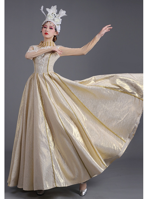 Light Golden High Waist Embroidery Long Sleeve Big Hem Dance Chorus Performance Prom Lolita Dress