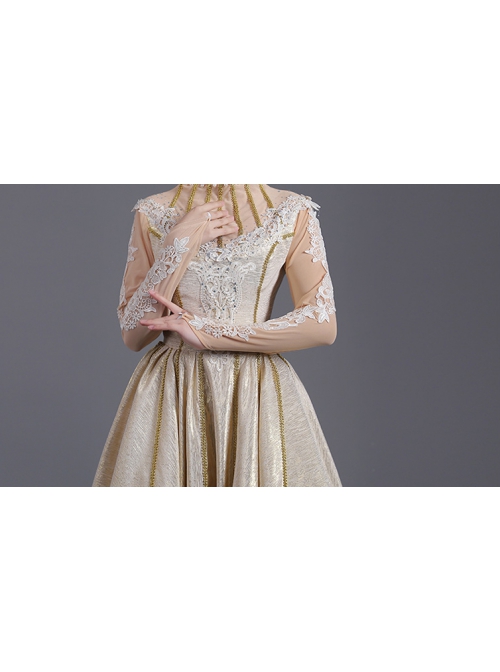 Light Golden High Waist Embroidery Long Sleeve Big Hem Dance Chorus Performance Prom Lolita Dress