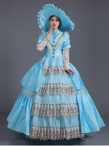 Sky Blue Lace Hollow Out Long Sleeve Round Neck Royal Princess Court Retro Lolita Prom Dress