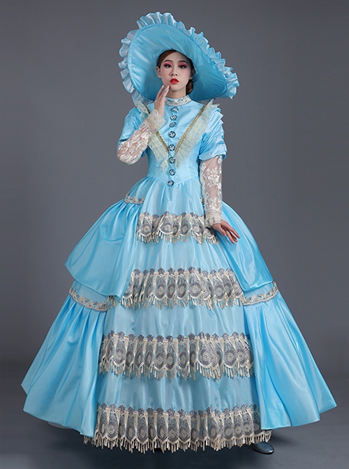 Sky Blue Lace Hollow Out Long Sleeve Round Neck Royal Princess Court Retro Lolita Prom Dress