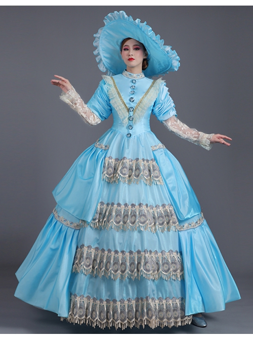 Sky Blue Lace Hollow Out Long Sleeve Round Neck Royal Princess Court Retro Lolita Prom Dress