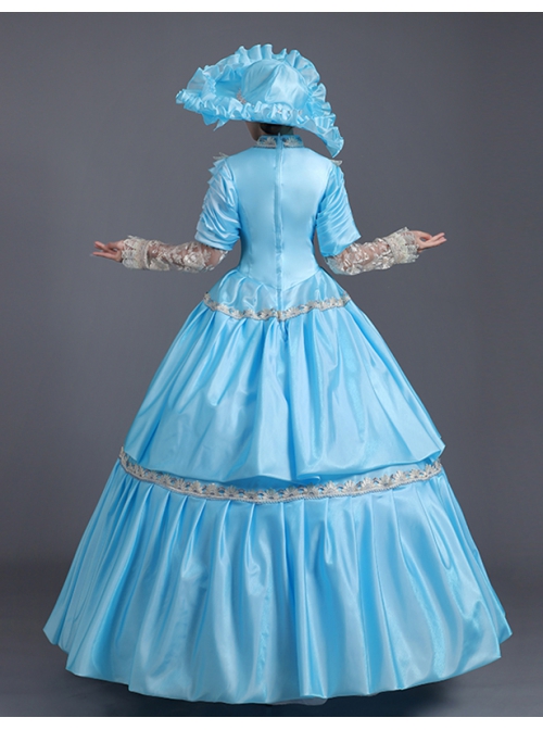 Sky Blue Lace Hollow Out Long Sleeve Round Neck Royal Princess Court Retro Lolita Prom Dress