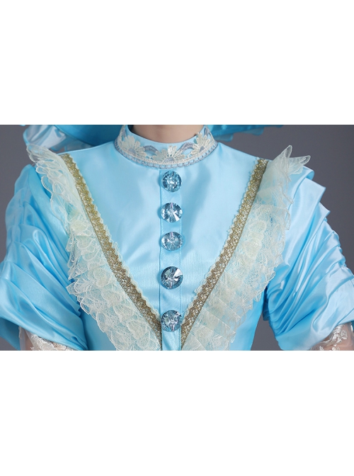 Sky Blue Lace Hollow Out Long Sleeve Round Neck Royal Princess Court Retro Lolita Prom Dress