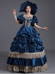 Dark Blue Lantern Sleeve Pearls And Flowers Exquisite Chest Decoration Princess Socialite Prom Lolita Dress 