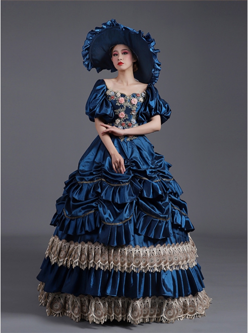 Dark Blue Lantern Sleeve Pearls And Flowers Exquisite Chest Decoration Princess Socialite Prom Lolita Dress 