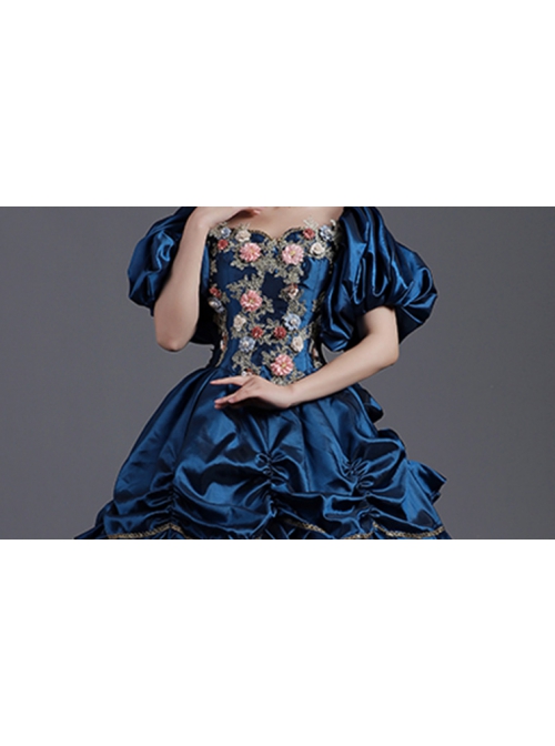 Dark Blue Lantern Sleeve Pearls And Flowers Exquisite Chest Decoration Princess Socialite Prom Lolita Dress 