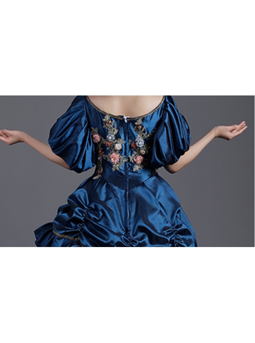 Dark Blue Lantern Sleeve Pearls And Flowers Exquisite Chest Decoration Princess Socialite Prom Lolita Dress 