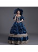 Dark Blue Lantern Sleeve Pearls And Flowers Exquisite Chest Decoration Princess Socialite Prom Lolita Dress 