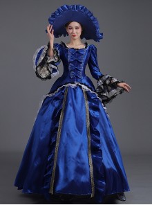 Klein Blue Retro Style Square Collar Chest Bowknot Black-white Lace Long Sleeve Court Prom Lolita Dress