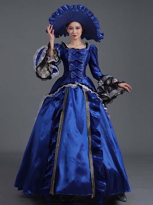 Klein Blue Retro Style Square Collar Chest Bowknot Black-white Lace Long Sleeve Court Prom Lolita Dress