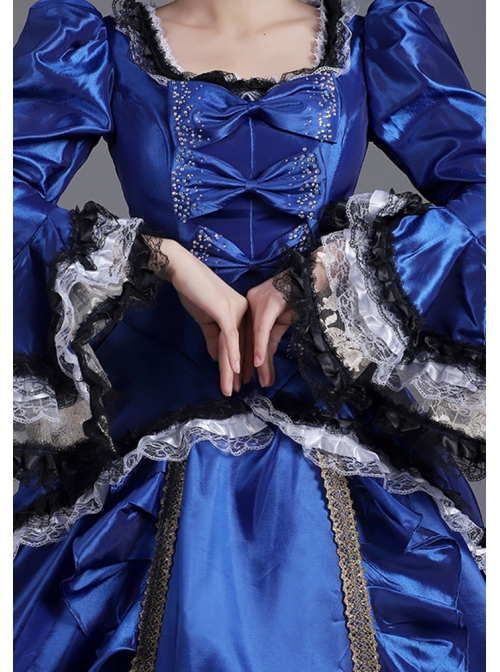 Klein Blue Retro Style Square Collar Chest Bowknot Black-white Lace Long Sleeve Court Prom Lolita Dress