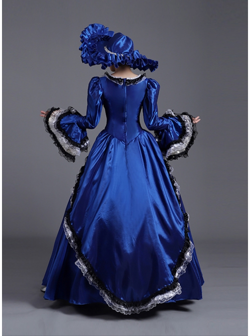 Klein Blue Retro Style Square Collar Chest Bowknot Black-white Lace Long Sleeve Court Prom Lolita Dress