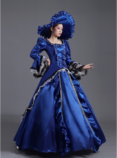 Klein Blue Retro Style Square Collar Chest Bowknot Black-white Lace Long Sleeve Court Prom Lolita Dress