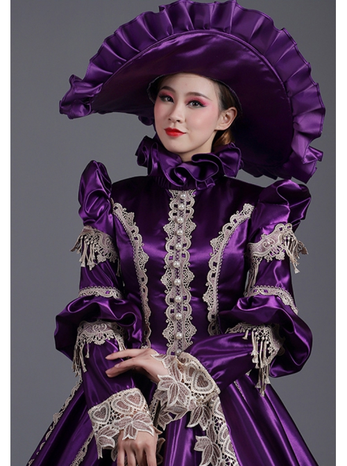 Dark Purple Long Sleeve Pearls Lace Love Decoration Noble Retro Prom Lolita Dress