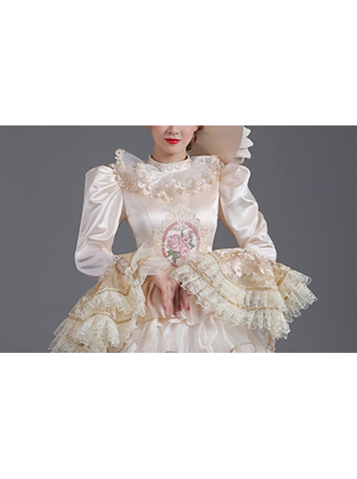 Champagne Classical Style Long Sleeve Multilayer Delicate Lace Collar And Hem Court Prom Lolita Dress