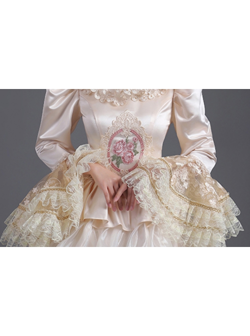 Champagne Classical Style Long Sleeve Multilayer Delicate Lace Collar And Hem Court Prom Lolita Dress