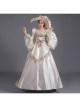 Champagne Square Collar Long Sleeve Lace Bow Shirring Hem Court Prom Lolita Dress