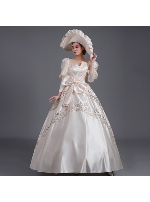 Champagne Puff Mid-length Sleeve Pearls Large Bowknot Court Ladylike Style Elegant Charming Prom Lolita Dress