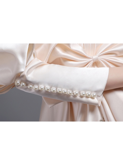 Champagne Puff Mid-length Sleeve Pearls Large Bowknot Court Ladylike Style Elegant Charming Prom Lolita Dress