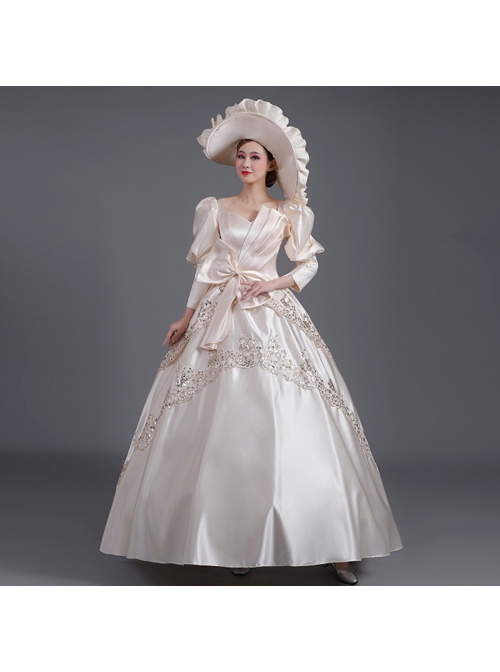 Champagne Puff Mid-length Sleeve Pearls Large Bowknot Court Ladylike Style Elegant Charming Prom Lolita Dress