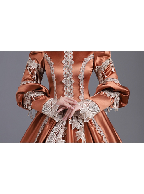 Light Brown Long Sleeve Pearls Lace Love Decoration Noble Retro Prom Lolita Dress