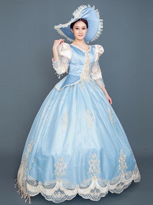 Light Blue Hem Champagne Embroidery Lace Hollow Out Long Sleeves Retro Court Style Prom Lolita Dress