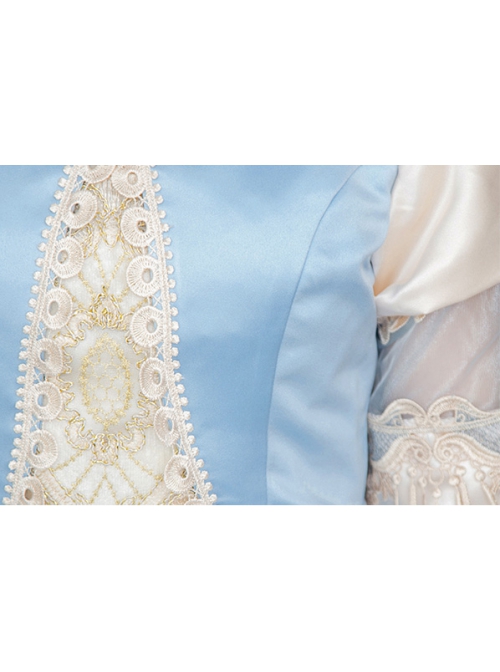 Light Blue Hem Champagne Embroidery Lace Hollow Out Long Sleeves Retro Court Style Prom Lolita Dress