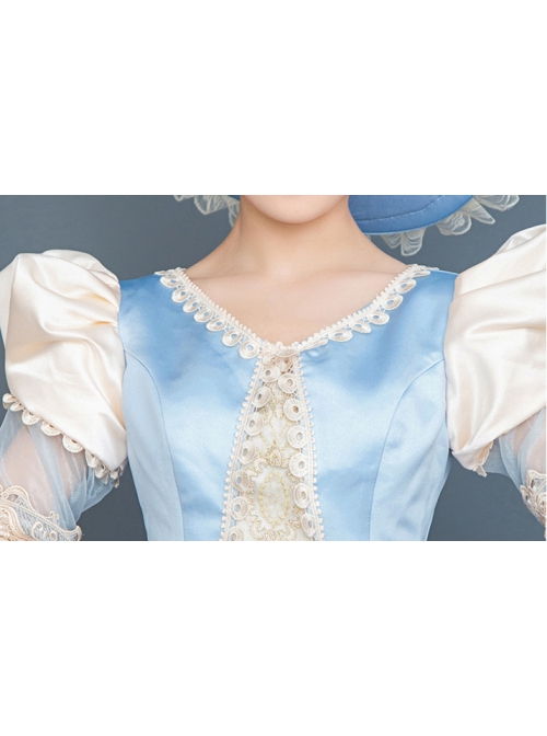 Light Blue Hem Champagne Embroidery Lace Hollow Out Long Sleeves Retro Court Style Prom Lolita Dress