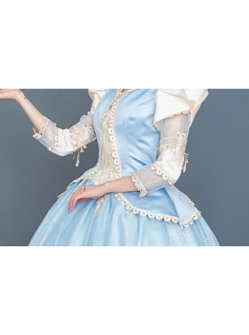 Light Blue Hem Champagne Embroidery Lace Hollow Out Long Sleeves Retro Court Style Prom Lolita Dress