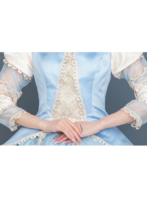 Light Blue Hem Champagne Embroidery Lace Hollow Out Long Sleeves Retro Court Style Prom Lolita Dress