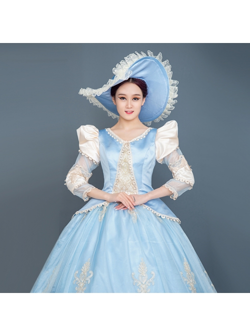 Light Blue Hem Champagne Embroidery Lace Hollow Out Long Sleeves Retro Court Style Prom Lolita Dress