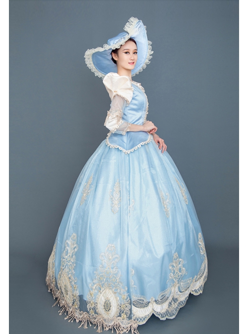 Light Blue Hem Champagne Embroidery Lace Hollow Out Long Sleeves Retro Court Style Prom Lolita Dress