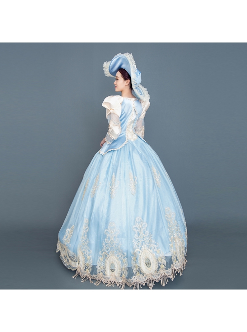 Light Blue Hem Champagne Embroidery Lace Hollow Out Long Sleeves Retro Court Style Prom Lolita Dress