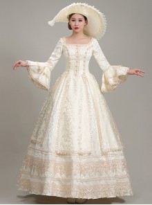 Elegant Dignified Cotton Beige Square Collar Long Sleeve Trumpet Cuffs Lace Pearsl Retro Court Prom Lolita Dress