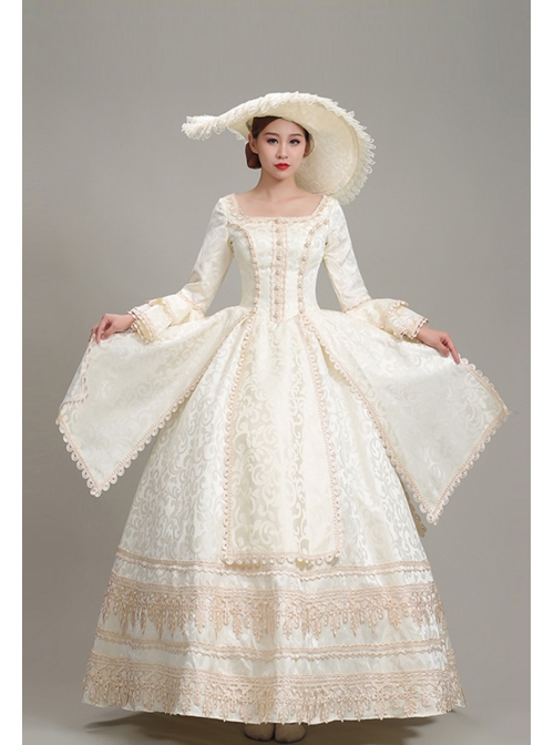 Elegant Dignified Cotton Beige Square Collar Long Sleeve Trumpet Cuffs Lace Pearsl Retro Court Prom Lolita Dress