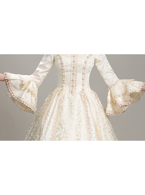 Elegant Dignified Cotton Beige Square Collar Long Sleeve Trumpet Cuffs Lace Pearsl Retro Court Prom Lolita Dress