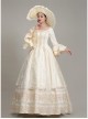 Elegant Dignified Cotton Beige Square Collar Long Sleeve Trumpet Cuffs Lace Pearsl Retro Court Prom Lolita Dress