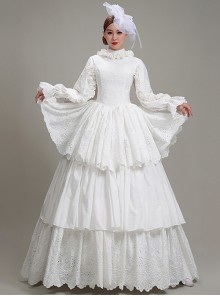 Simple Elegant Cotton White Shirring Lace High Neckline Three-stage Hem Retro Court Style Prom Lolita Dress