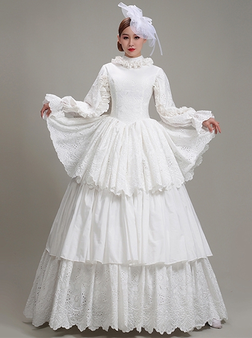 Simple Elegant Cotton White Shirring Lace High Neckline Three-stage Hem Retro Court Style Prom Lolita Dress