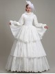 Simple Elegant Cotton White Shirring Lace High Neckline Three-stage Hem Retro Court Style Prom Lolita Dress