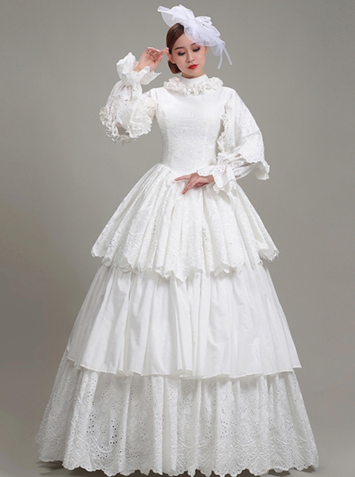 Simple Elegant Cotton White Shirring Lace High Neckline Three-stage Hem Retro Court Style Prom Lolita Dress