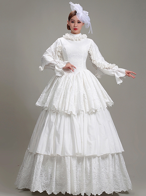 Simple Elegant Cotton White Shirring Lace High Neckline Three-stage Hem Retro Court Style Prom Lolita Dress