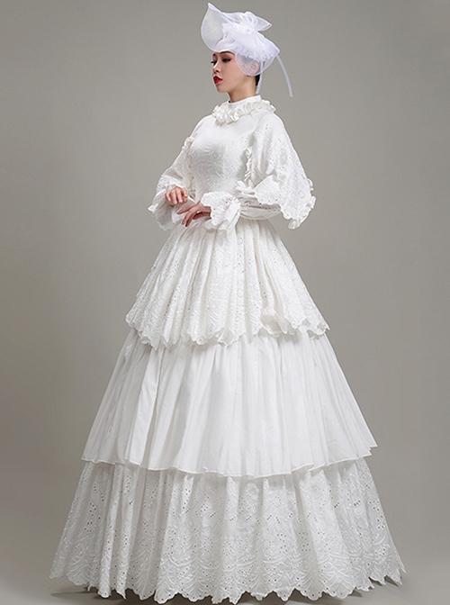 Simple Elegant Cotton White Shirring Lace High Neckline Three-stage Hem Retro Court Style Prom Lolita Dress