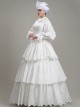 Simple Elegant Cotton White Shirring Lace High Neckline Three-stage Hem Retro Court Style Prom Lolita Dress