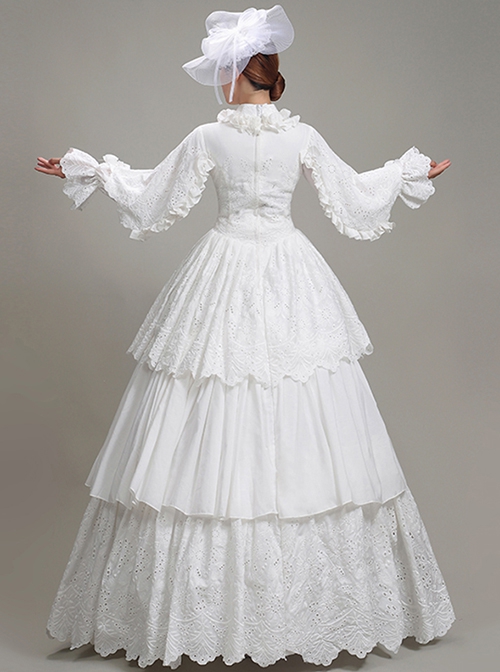 Simple Elegant Cotton White Shirring Lace High Neckline Three-stage Hem Retro Court Style Prom Lolita Dress