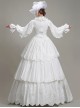 Simple Elegant Cotton White Shirring Lace High Neckline Three-stage Hem Retro Court Style Prom Lolita Dress